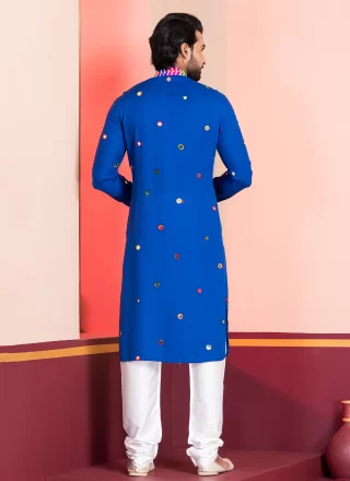 Eye-Catchy Blue Rayon Kurta Pyjama with Embroidered and Lace Work