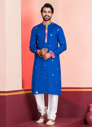 Eye-Catchy Blue Rayon Kurta Pyjama with Embroidered and Lace Work