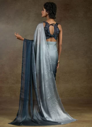 Eye-Catchy Grey and Blue Satin Silk Trendy Saree