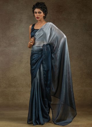 Eye-Catchy Grey and Blue Satin Silk Trendy Saree