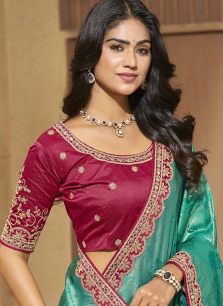 Fabulous Firozi Jacquard Classic Saree with Cord, Mirror and Zari Work