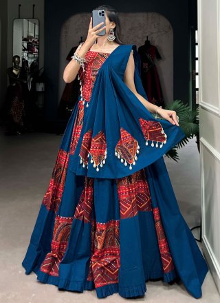 Fancy and Foil Print Work Cotton Readymade Lehenga Choli In Blue Color