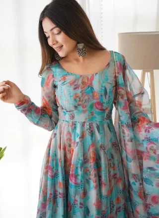 Fancy and Print Work Organza Readymade Style In Blue
