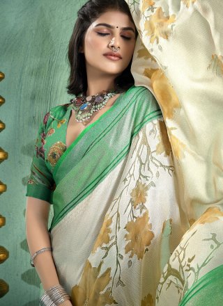Fancy and Print Work Silk Traditional Saree In Green and White Color