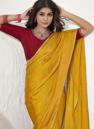 Fancy and Stone Work Satin Silk Designer Saree In Yellow for Ceremonial