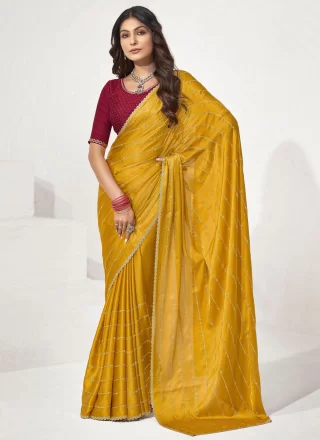 Fancy and Stone Work Satin Silk Designer Saree In Yellow for Ceremonial