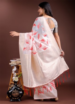 Fancy and Woven Work Cotton Traditional Saree In Off White for Casual