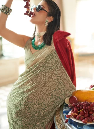 Fancy and Woven Work Georgette Trendy Saree In Green for Ceremonial