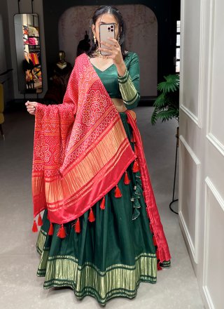 Fancy and Zari Work Silk A - Line Lehenga Choli In Green for Ceremonial