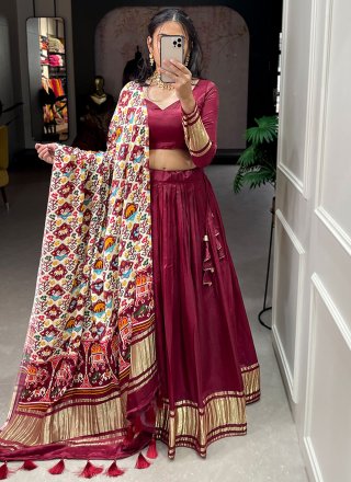 Fancy and Zari Work Silk Lehenga Choli In Maroon for Ceremonial