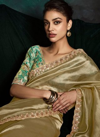 Fancy Fabric Classic Sari with Patch Border, Cut, Embroidered, Sequins and Zari Work