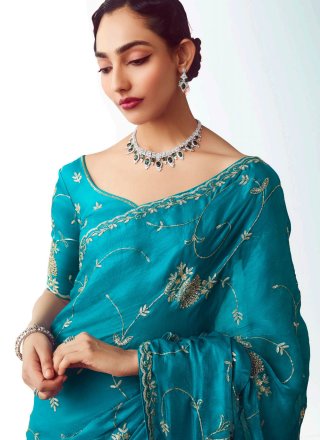 Fancy Fabric Designer Sari In Blue Color
