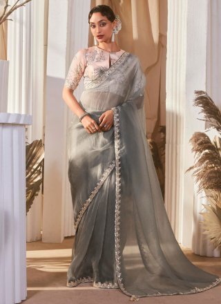Fancy Fabric Designer Sari In Silver Color