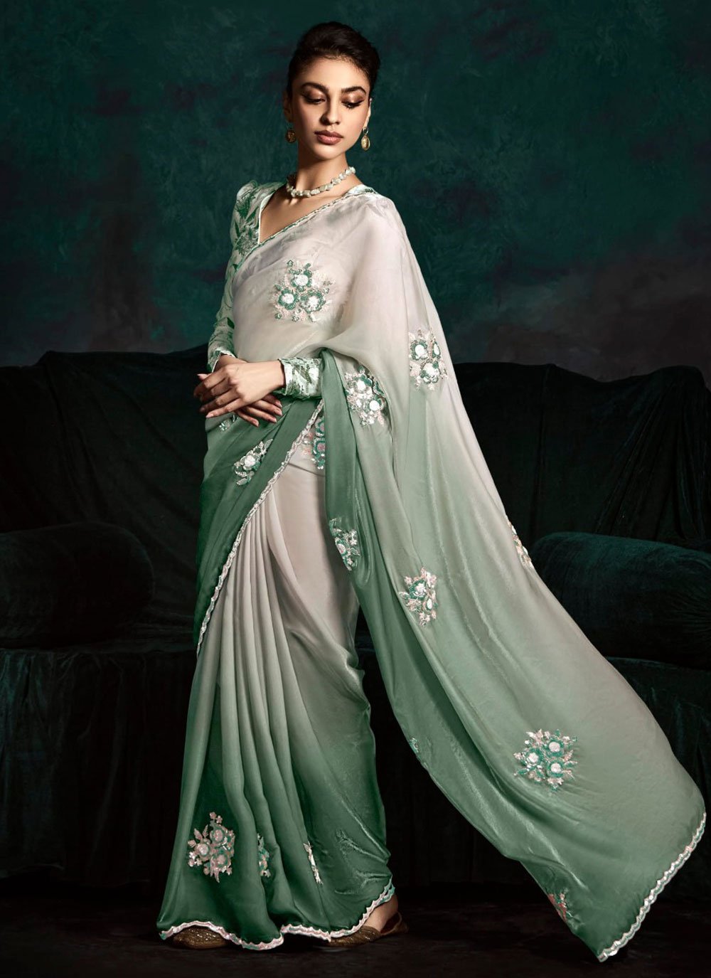 Fancy Fabric Traditional Saree In Green Color