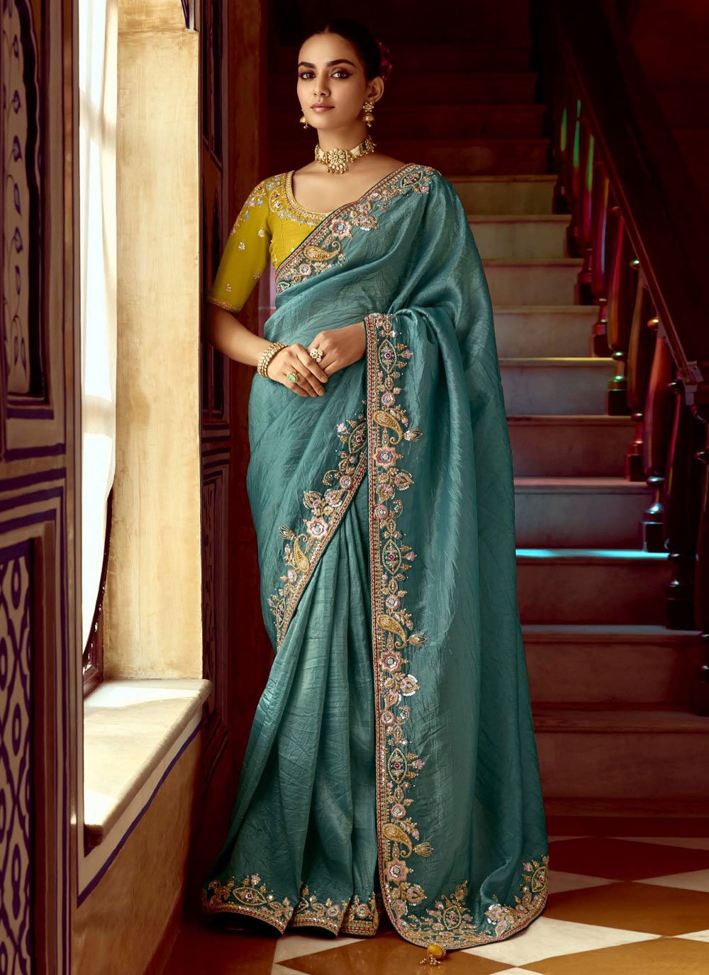 Shop Online Fancy Fabric Traditional Saree with Embroidered