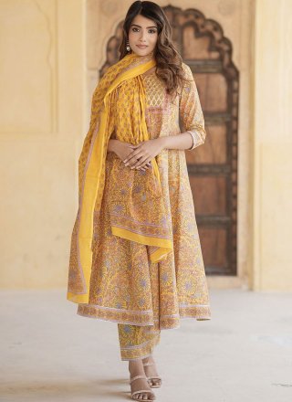 Fancy, Floral Patch and Lace Work Cotton Trendy Suit In Yellow