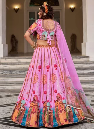 Fancy, Hand and Print Work Art Silk Lehenga Choli In Pink for Festival