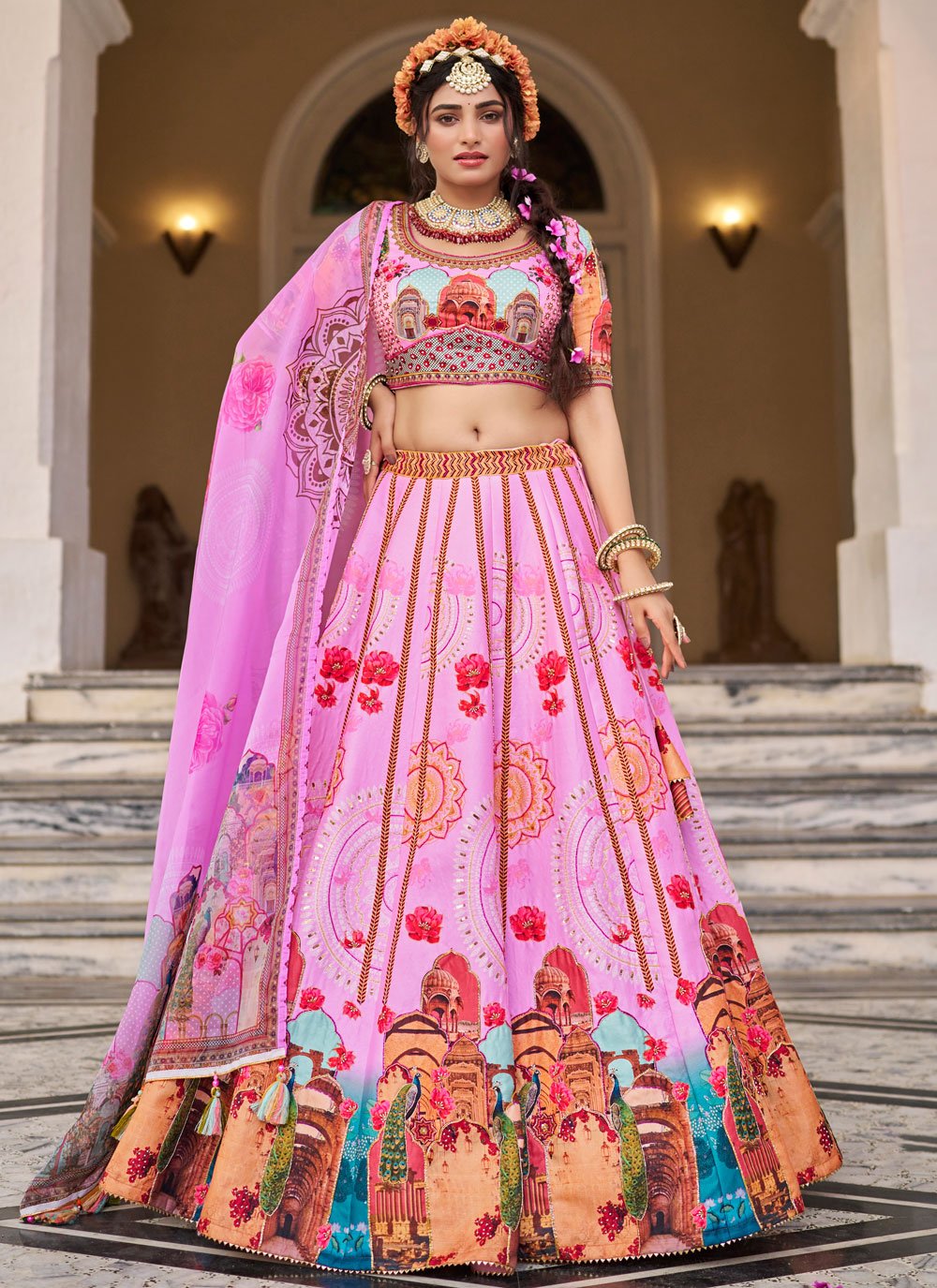 Buy Fancy, Hand and Print Work Art Silk Lehenga Choli In Pink for