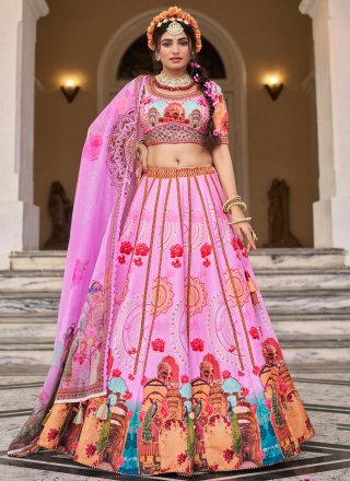 Fancy, Hand and Print Work Art Silk Lehenga Choli In Pink for Festival