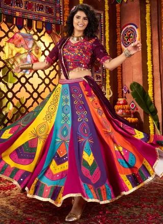 Fancy, Lace, Mirror and Print Work Silk Readymade Lehenga Choli In Multi Colour