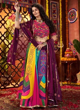 Fancy, Lace, Mirror and Print Work Silk Readymade Lehenga Choli In Multi Colour