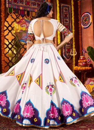 Fancy, Lace, Mirror and Print Work Silk Readymade Lehenga Choli In White Colour