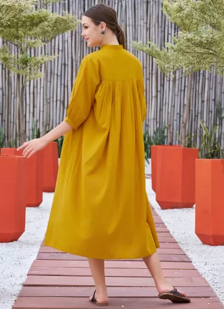 Fancy Work Cotton Casual Kurti In Mustard Color