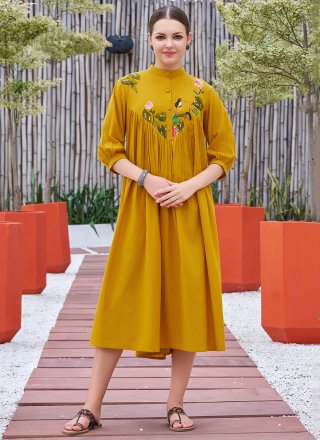 Fancy Work Cotton Casual Kurti In Mustard Color
