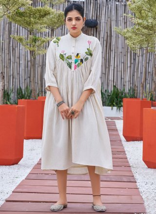 Fancy Work Cotton Designer Kurti In Off White