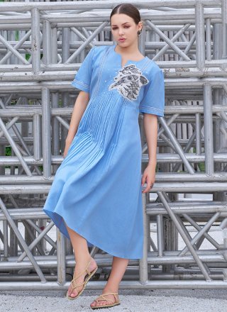 Fancy Work Cotton Party Wear Kurti In Blue for Ceremonial