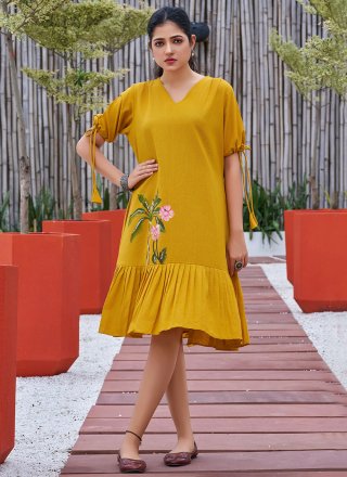 Fancy Work Cotton Party Wear Kurti In Mustard for Ceremonial