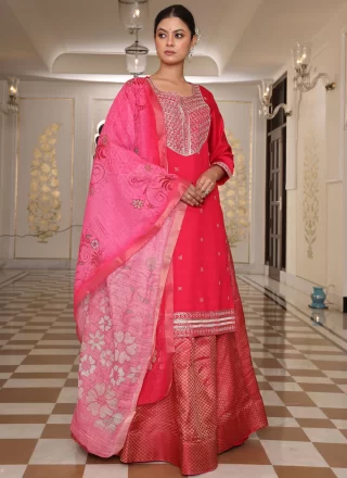 Fancy Work Jacquard Readymade Lehenga Choli In Pink Colour