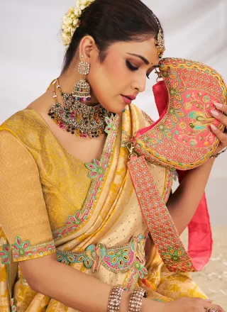 Fancy Work Silk Contemporary Saree In Yellow