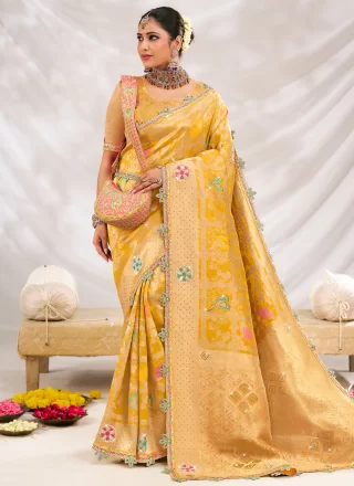 Fancy Work Silk Contemporary Saree In Yellow