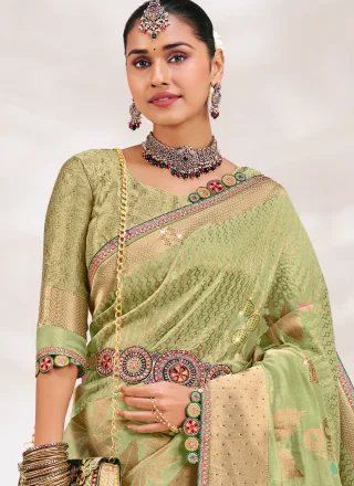 Fancy Work Silk Trendy Saree In Green