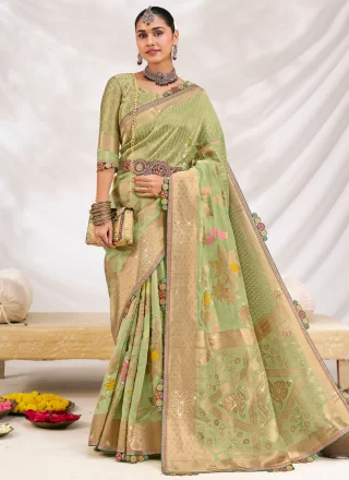 Fancy Work Silk Trendy Saree In Green