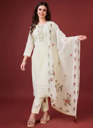 Fancy Work Viscose Pant Style Suit In White Color