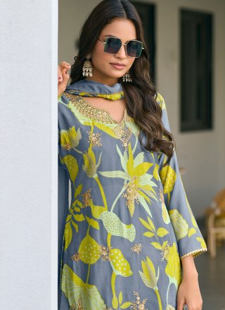 Fantastic Blue Chinon Readymade Salwar Suit with Embroidered, Fancy, Print and Zari Work