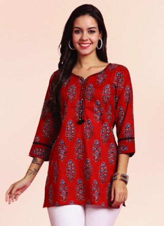 Fantastic Red Cotton Casual Kurti with Floral Patch Work