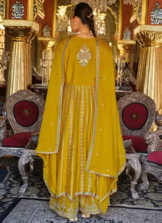 Fascinating Yellow Chinon Palazzo Salwar Suit