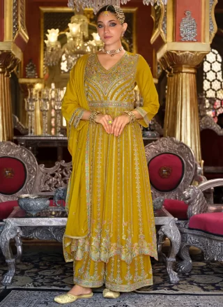 Fascinating Yellow Chinon Palazzo Salwar Suit