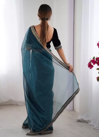 Fashionable Teal Net Classic Sari with Embroidered and Sequins Work