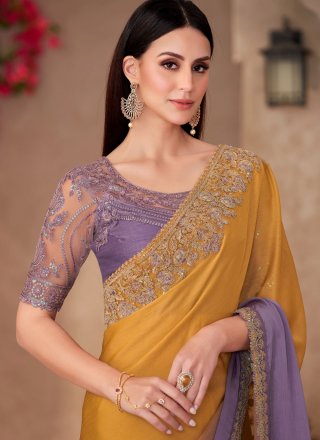 Faux Chiffon Trendy Saree with Patch Border, Embroidered and Lace Work
