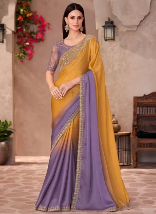 Faux Chiffon Trendy Saree with Patch Border, Embroidered and Lace Work