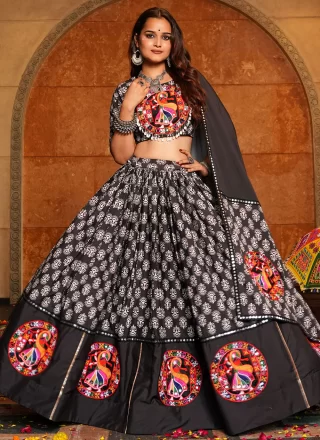Faux Crepe Lehenga Choli In Black Colour