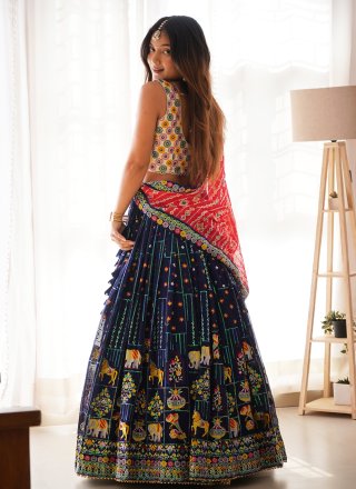 Faux Georgette A - Line Lehenga Choli In Blue and Multi Colour