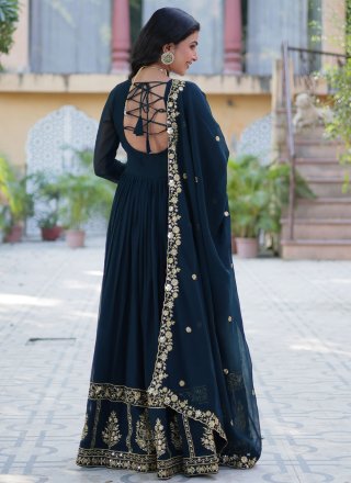 Faux Georgette  Designer Gown In Morpeach and Teal