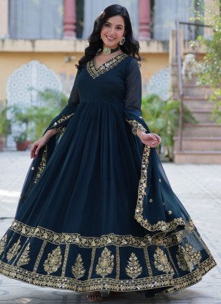 Faux Georgette  Designer Gown In Morpeach and Teal