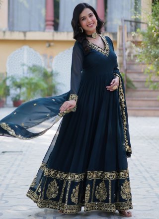 Faux Georgette  Designer Gown In Morpeach and Teal