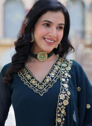 Faux Georgette  Designer Gown In Morpeach and Teal